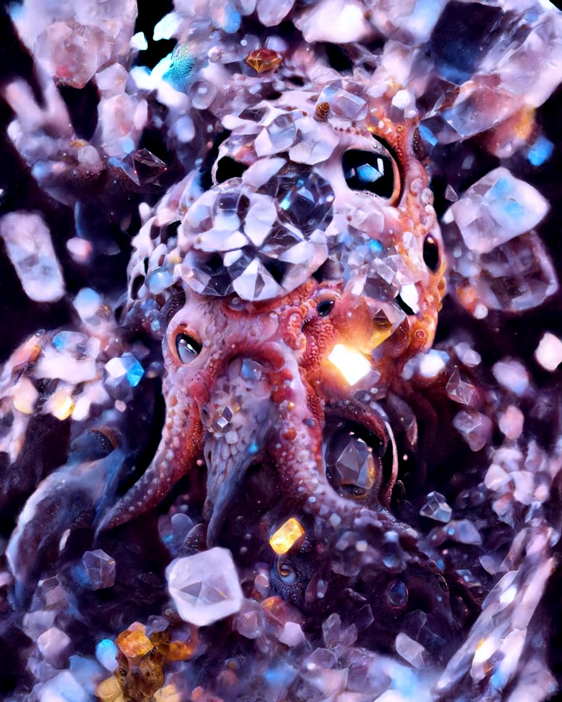 A collection of AI art images highlighting various species of Mollusca in different crystal themed environments. Generated Mollusca is an experimentation of CLIP-guided diffusion processes.