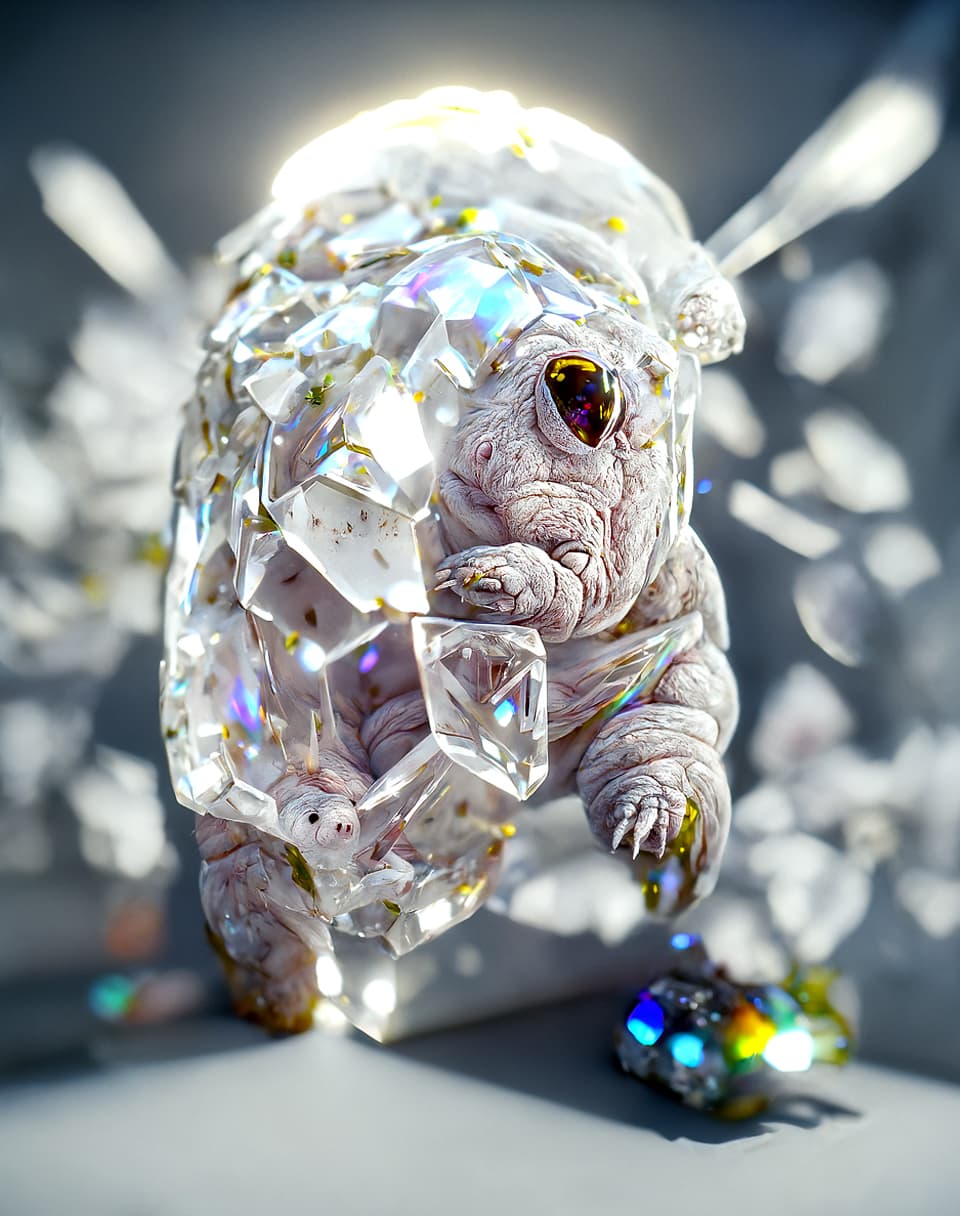 A collection of AI art images highlighting various species of Tardigrade in different crystal themed environments. Tardigrades is an experimentation of CLIP-guided diffusion processes.